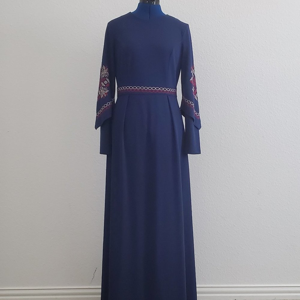 Maxi Navy Blue Modest Dress Gown with embroidery